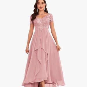 Tea Length Lace Appliques High Low Pleated Formal Gown - dusty pink